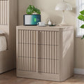 Fluted Nightstand with Charging Station, 23.6" Night Stand with Solid Wood Handle, Mid Century Modern Bedside Table End Table 3 Drawer Dresser for Bedroom, Living Room, White Alder