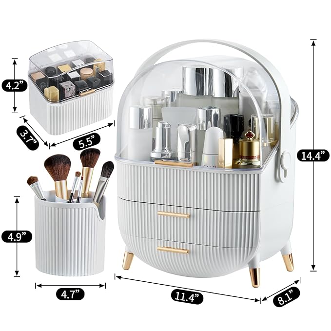 CANITORON Makeup Organizer,Skincare Organizer with 2 Drawers and Brush Storage Box,Lipstick Holder,Cosmetic Display Case for Vanity Organizer and Bathroom Countertop Storage.(White)