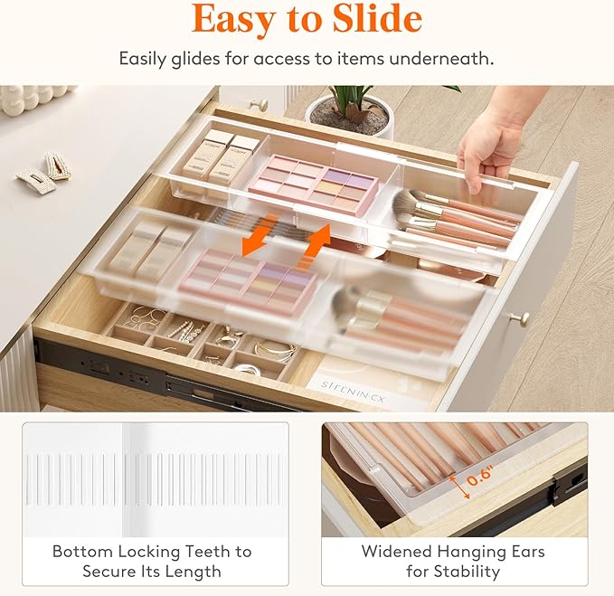 Lifewit 3 Pack Sliding Makeup Drawer Organizer Trays with Inserts, Extendable Hanging Desk Drawer Divider, 14-23" Long/1.8" High Plastic Organizer Tray in Vanity/Bathroom/Office/Kitchen, Translucent