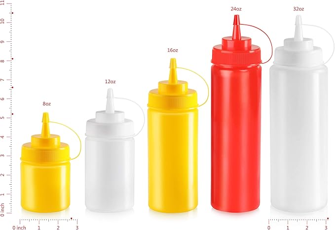 New Star Foodservice 533739 Plastic Squeeze Bottles with caps, Wide Mouth, 32 oz, Yellow, Pack of 6