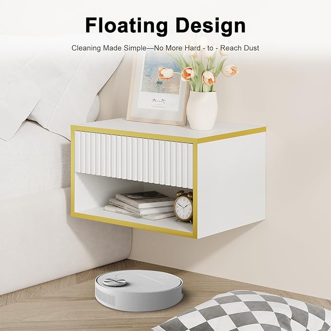 4ever2buy Floating Nightstand Set of 2, Modern Wall Mounted Nightstand with Open Shelf and Fluted Drawer, White and Gold Night Stand for Bedroom, White