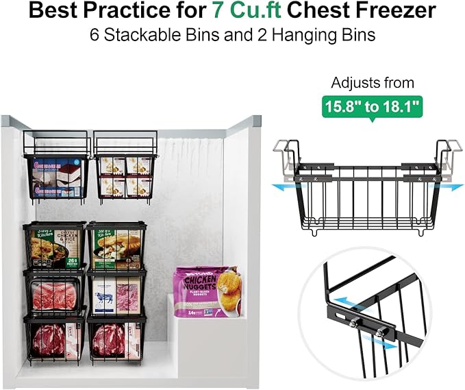 iSPECLE Freezer Organizer Bins - 15.8" to 18.1" Extendable Length Freezer Baskets for Chest Freezer for 7 Cu.Ft Deep Freezer, 2 Hanging Baskets and 4 Stackable Bins, 6 Pack Black