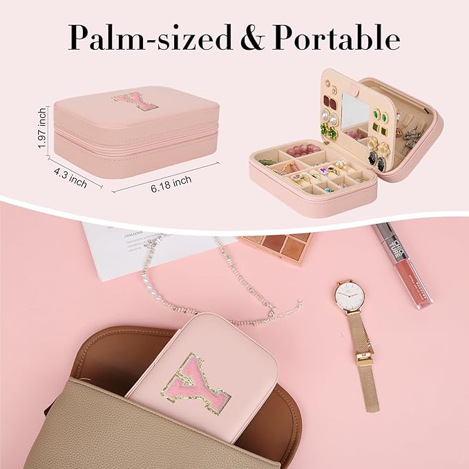 TopPerfekt Travel Jewelry Case Travel Jewelry Box With Mirror, Jewelry Organizer Bridal Shower Gifts To Her, Earring Travel Case, Trendy Gift for Women and Girls (Y, Pink)