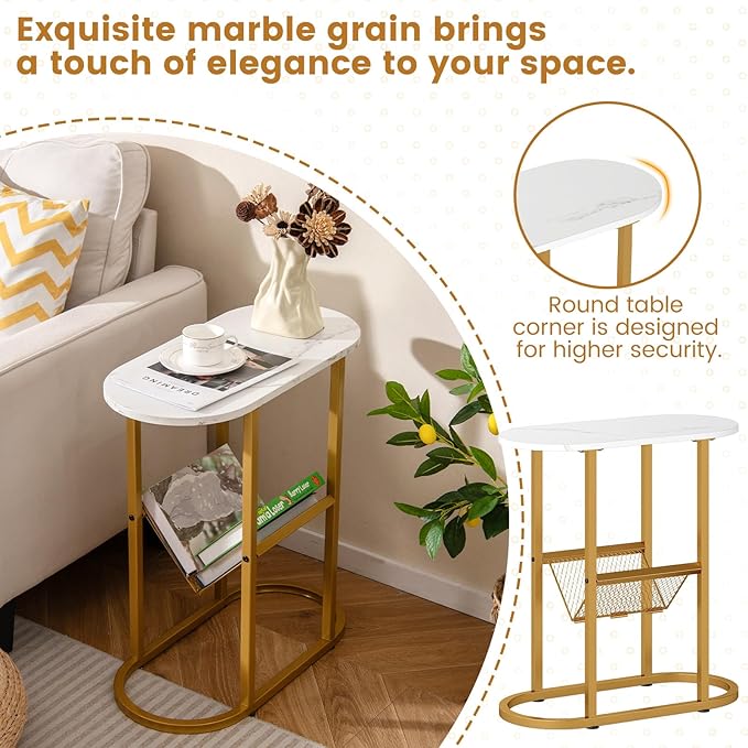 Tangkula Oval Narrow Side Table, 2-Tier End Table with Mesh Magazine Rack, Steel Frame, Industrial Nightstand, Compact Sofa Bedside Table for Living Room Bedroom, White & Gold