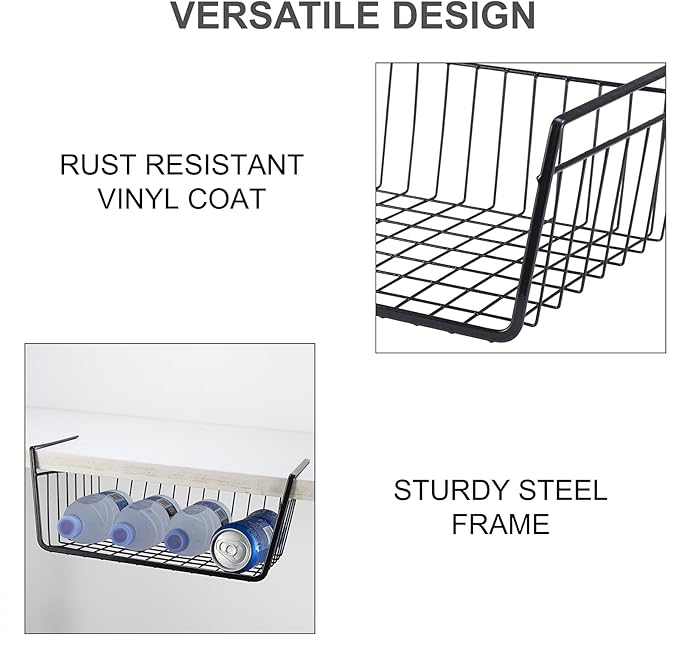 Undershelf Storage Basket Under Shelf Wire Basket Household Metal Under Shelf Hanging Storage Bin Basket Slides Under Shelves for Storage Space Saving for Kitchen Pantry Bookshelf 4 PCS