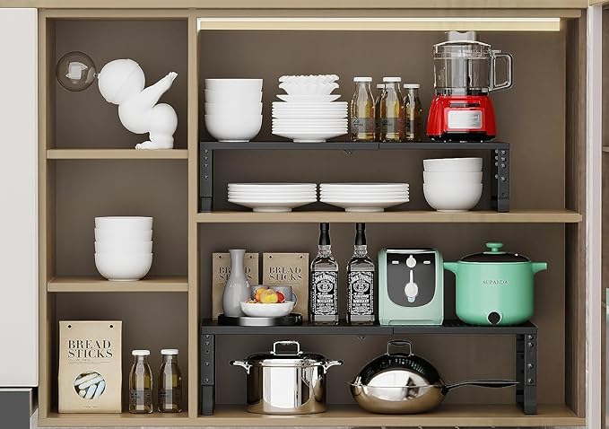 Expandable Cabinet Shelf Organizer Storage Spice Rack Shelves for Kitchen Stackable Adjustable Pantry Cupboard Bathroom Countertop Desktop(2Packs/Black/Large-with Hole)