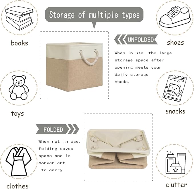 11x11 cube storage bins[6 Pack],Cube Storage Organizer Bins with Rope Handles, Eco-Friendly Linen Collapsible Organizers for Closet, Nursery, Toys, Office, Bathroom – Dual Color Design.(White&Khaki)