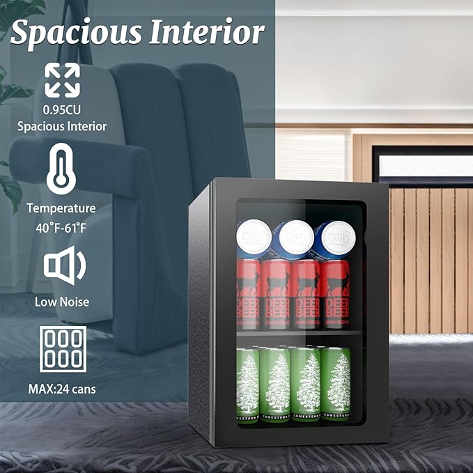 0.95 Cu.ft Mini Fridge Holds 24 Cans, Beverage Refrigerator Cooler, Solid Door, Manual Temperature Control (at the Back), Quiet Compact Drink Fridge for Soda, Beer, Wine, Office, Dorm, Bar