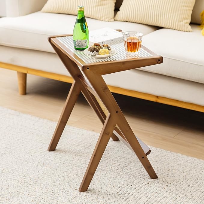 GOFLAME Rattan Side Table, Z-Shaped End Table with Tempered Glass Top, Magazine Rack, Boho Night Stand, Small Coffee Table, Bamboo Accent Bedside Table for Living Room, Bedroom, Walnut