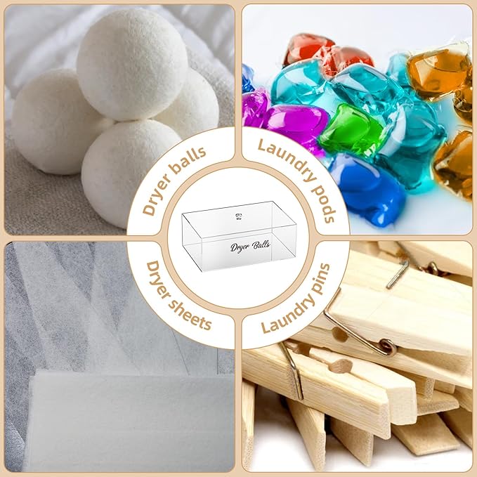 Dryer Ball Holder for Laundry Room ,Acrylic Dishwasher Pods Container with Lid,Dryer Balls Dispenser,Laundry Room Organization and storage Box for Laundry Pods,Clips,Dryer Balls and Sheets (No Balls)