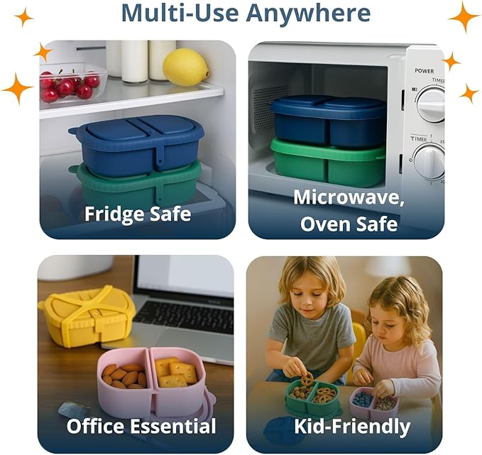 4 Pack Reusable Silicone Snack Containers with Lid, Strap, Spoon & Fork-2 Compartments Portable Mini Containers，Silicone Snack Storage Box for Picnic, Office, School(blue+green+pink+orange)