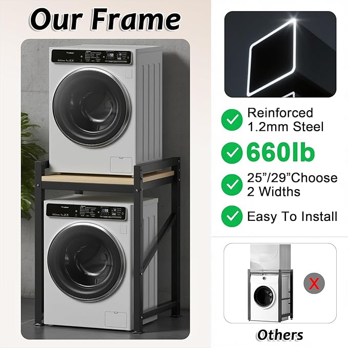 Over The Washer and Dryer Storage Shelf, Widen & 3 Height Adjustable Stacking Rack, Space Saver Washer Dryer Stacking Kit, Thicker Metal Washer Shelf for within 25.5" width (Black, 25.5 Inch)