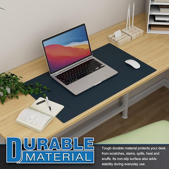K KNODEL Small Office Leather Desk Mat, Mouse and Keyboard Pad, Computer and Laptop Mat, Desktop Protector and Cover, Writing Pad and Blotter (23.6"x13.8", Dark Blue)