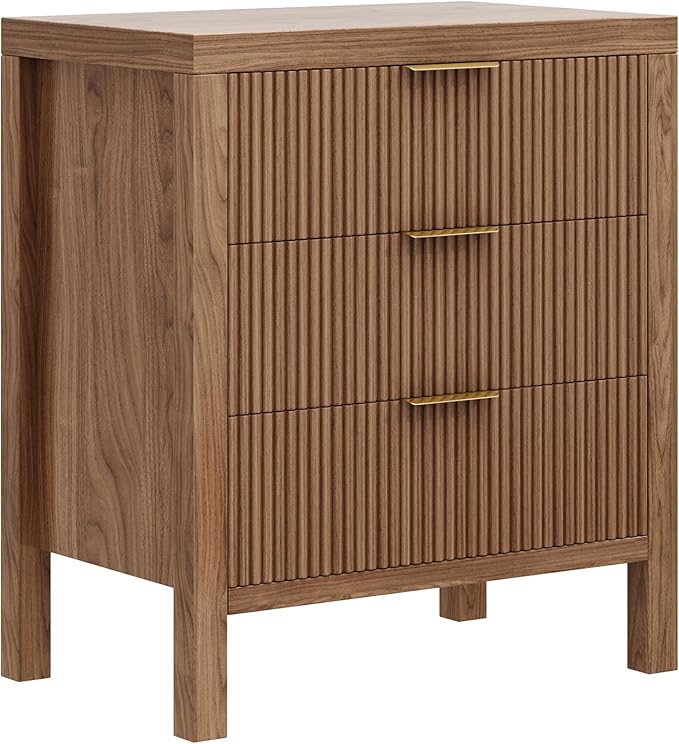 6 Drawer Dresser, Chest of Drawers Organizer with Waveform Panel, Large Fluted Dresser with Wide Drawers and Golden Handles, Wood Storage for Bedroom, Hallway, Entryway, Walnut