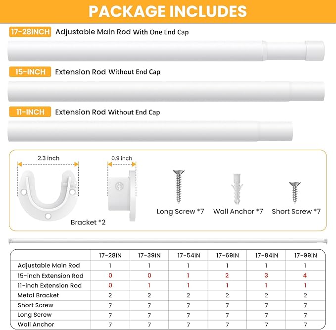 Closet Rods for Hanging Clothes, 17-28 Inch No-Cut Stepless Adjustable Closet Rod, 1.3 Inch Heavy Duty Metal Closet Hanging Rod with Brackets, White Closet Bar for Closet, Laundry Room, RV, Wardrobes