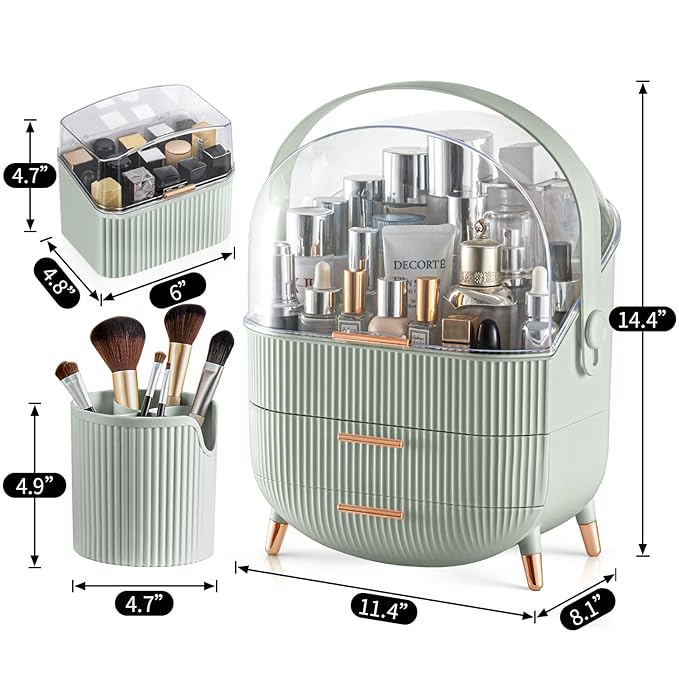 CANITORON Makeup Organizer,Skincare Organizer with 2 Drawers and Brush Storage Box,Lipstick Holder,Cosmetic Display Case for Vanity Organizer and Bathroom Countertop Storage.(Sage Green)