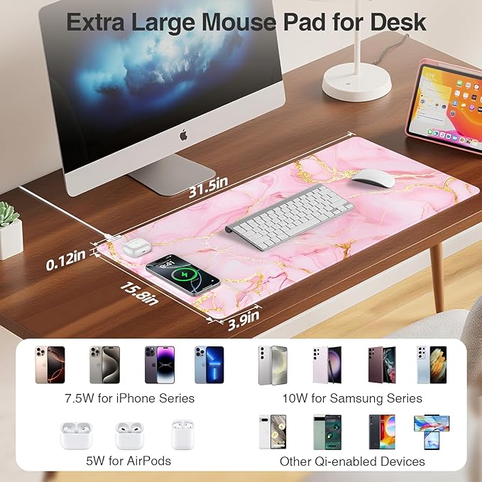 Wireless Charging Mouse Pad, 31.5"x15.8" Large Gaming Desk Mat for Keyboard/Laptop, Waterproof Ultra-Smooth Surface, Non-Slip Base, Pink Marble