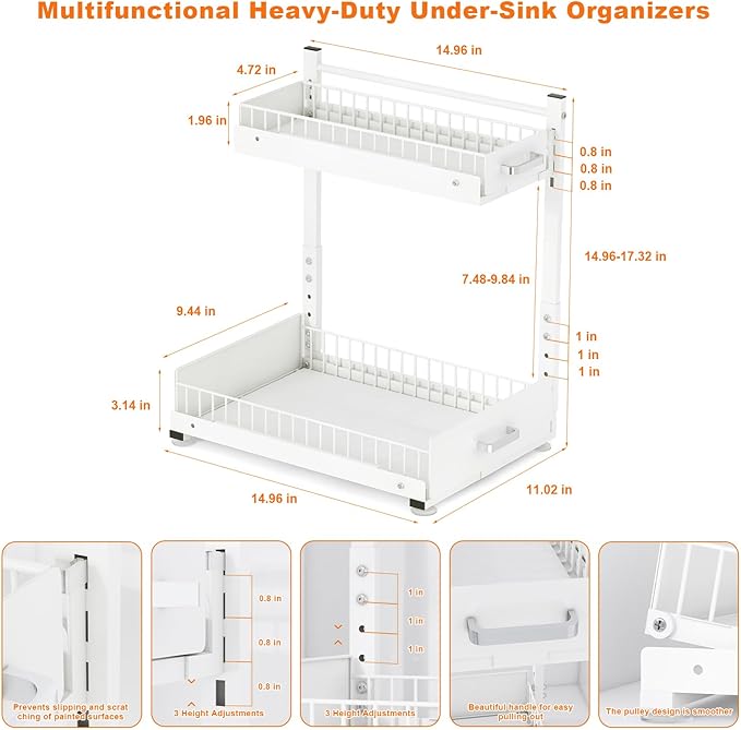 Under Sink Organizer,2 Tier Slide Out Kitchen Cabinet Organizers with Pulley,Under Bathroom Sink Pull Out Organizer with Multiple Height Adjustments for Kitchen and Bathroom Cabinets (White)