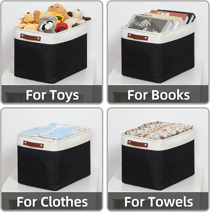 HNZIGE Decorative Organizer Baskets for Shelves 16"×11.8"×11.8" Large Storage Bins with Leather Handles (2 Pack) Foldable Storage Basket for Storage Bedroom, Balcony, Home, Laundry (Black&White)