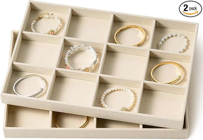 pickpiff Drawer Jewelry Organizer & Display Trays: 2pcs 12grid Velvet Stackable Jewelry Case (13.8x9.4x1.2inch) - Soft Beige Necklace Holder Bracelet Display Watch Box
