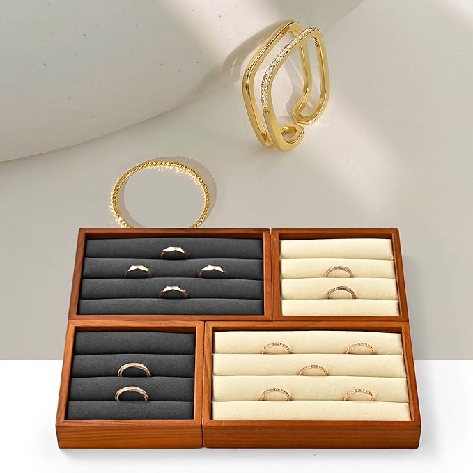 Solid Wood 3-Slots Jewelry Ring Display Tray Showcase Small Jewelry Display Organizer Tray for Rings(S,Grey)