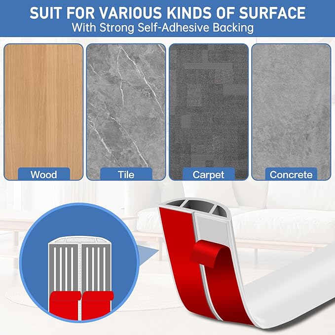 Floor Cord Cover Self Adhesive Cord Hider Floor Extension Cord Covers for Floor Power Cord Protector Cable Management Prevent Cable Trips Cable Cavity 0.47" W x 0.27" H (White, 10Ft)