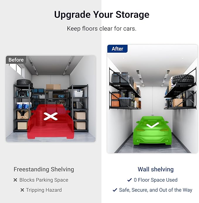 FLEXIMOUNTS 2-Pack 2x4ft Garage Wall Shelving - Heavy Duty Garage Storage Rack, 880lbs Load Capacity with Brace Guardrail, Organization System for Tools, Bins, Utility Room, Pro Series