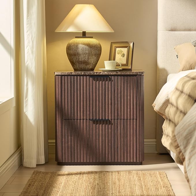 Fluted Nightstand Set of 2, Bedside Table with 2 Drawers, Engineered Wood End Table with Faux Marble-Top, Curved Corners, Metal Handle, Modern Night Stand for Bedroom, Small Spaces, Dark Oak