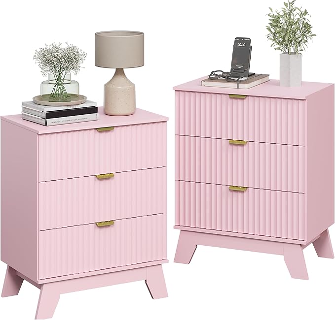 Pink Night Stand with 3 Drawers, Bedside Table & End Table, 24" Wide Mid Century Modern Fluted Wood Nightstand with Metal Handles, Farmhouse Night Stands for Bedroom