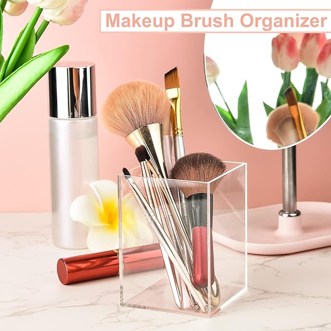 Mototo 2 Pieces Clear Acrylic Pen Holder & Pencil Cup Clear Makeup Bush Holder Acrylic Desktop Stationery Organizer for Office School Home Desk Accessories - 2 Pack, Square