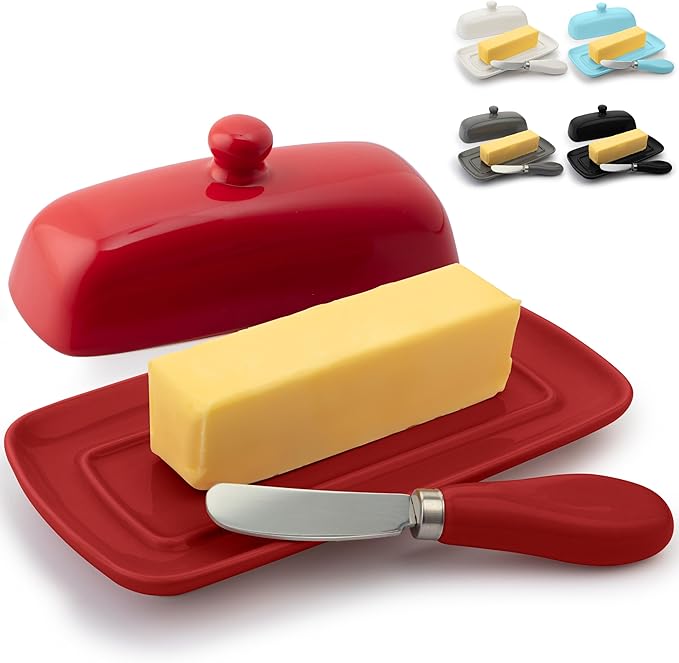Zulay Kitchen Butter Dish With Lid For Countertop - Porcelain White, Ceramic Butter Dish with Knob Handle Great for Cooking - Elegant Design Butter Holder - Durable & Sturdy Butter Keeper - Red