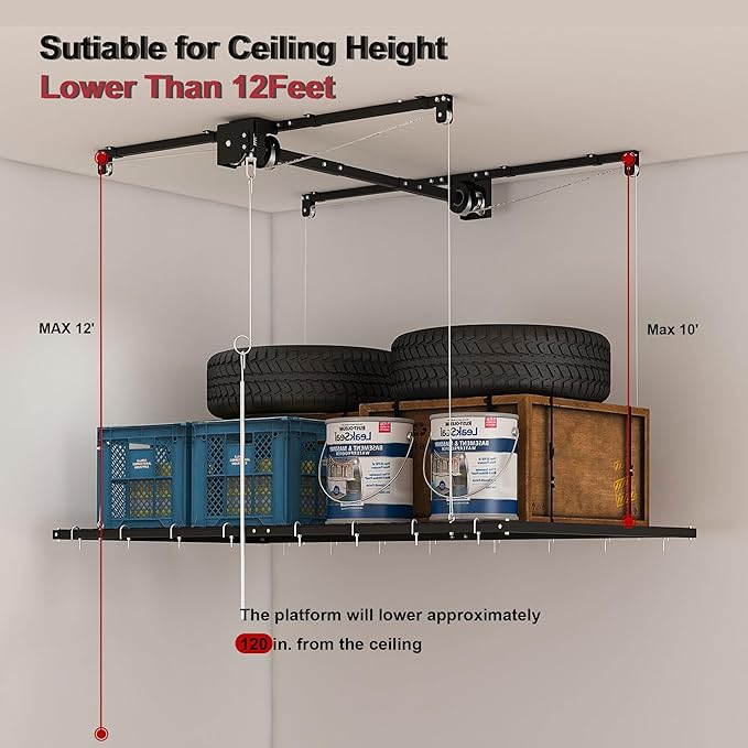 Montary 4x8 FT Overhead Garage Storage Rack for 10-12 FT Ceiling, Adjustable Ceiling Storage Rack with Safety Lock, 325LBS Capacity All-Steel Construction Heavy-Duty Garage Lifting Organizer