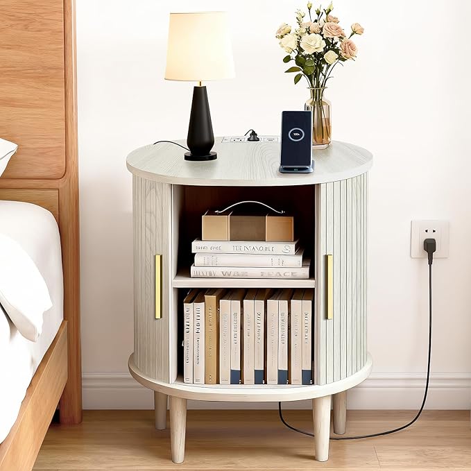 Nightstands Set of 2 & Charging Station, Fluted Accent Side Table with Sliding Door & Adjustable Shelf, Mid-Century Modern End Table for Small Space, Living Room, Bedroom(2, White)