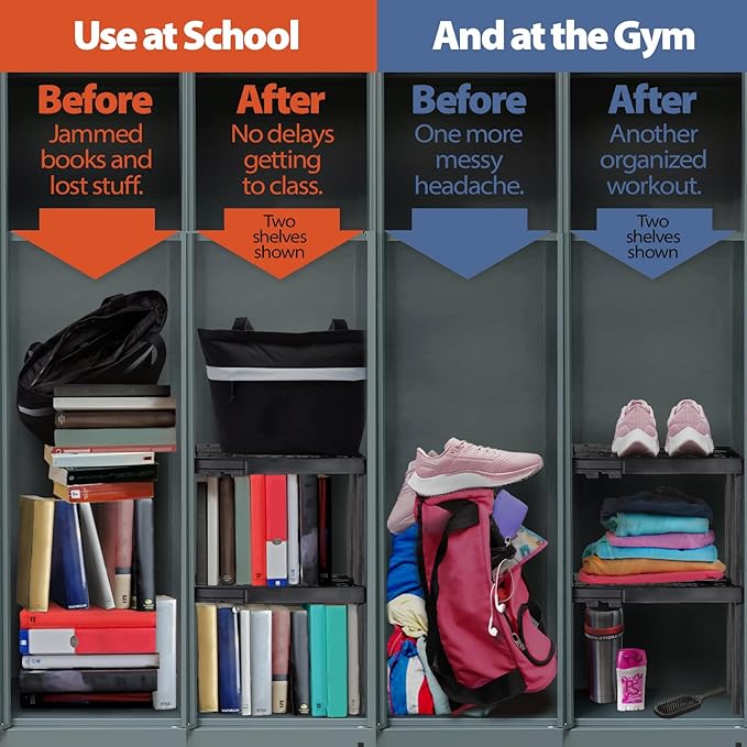 Locker Organizer Shelf， Adjustable Width and Height, Stackable, Ideal Locker Shelf for School, Office, Gym Lockers, or Even Kitchen Cabinets & Under Sink Organization (Black)