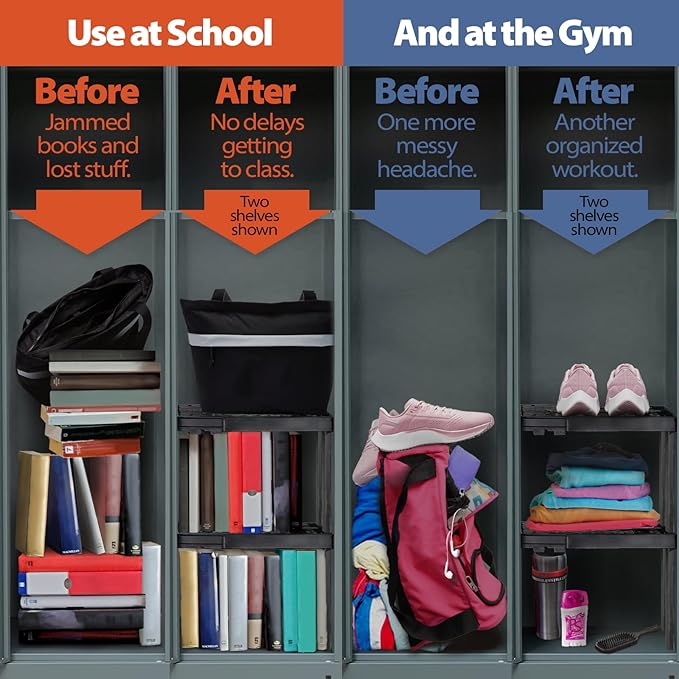 Locker Organizer Shelf， Adjustable Width and Height , Ideal Locker for School, Office, and Gym Lockers (Blue 2 Pack)