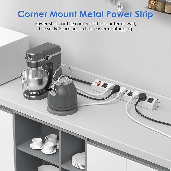 CCCEI Corner Mount Angle Power Strip, Under Cabinet Heavy Duty 8 Outlets Power Strip 20Amp, Metal Underneath Desk Plug Surge Protector, Wall Mountable, for Garage, Shop, Kitchen. 6FT Extension Cord.