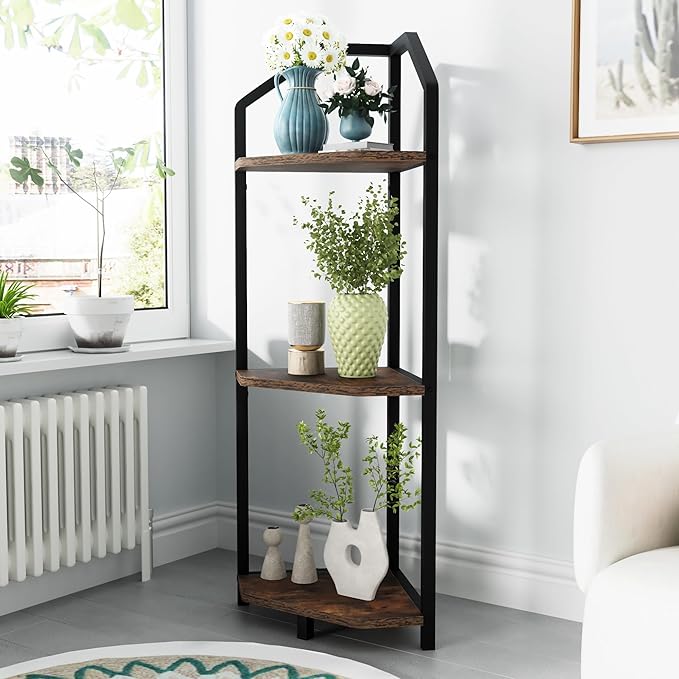 Fun Memories 3 Tier Corner Shelf, 40” Corner Shelf Stand, Corner Bookshelf Plant Stand, Storage Shelf for Bathroom, Living Room, Kitchen,Grey Home Office, Brown