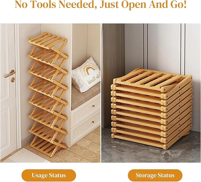 YYW Bamboo Shoe Rack for Entryway,Installation-Free and Foldable Vertical Shoe Storage Organizer,Free Standing Shoe Racks Shelf Closet Shoe Organizer for Living Room (Tawny-7 Layers)