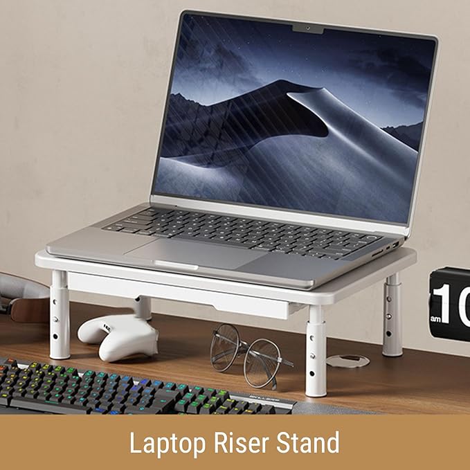 Denash Desktop Computer Riser Stand with Drawer, 3 Adjustable Height Metal Monitor Stand, 20KG Capacity Laptop Shelf for Workspace Organization (White)
