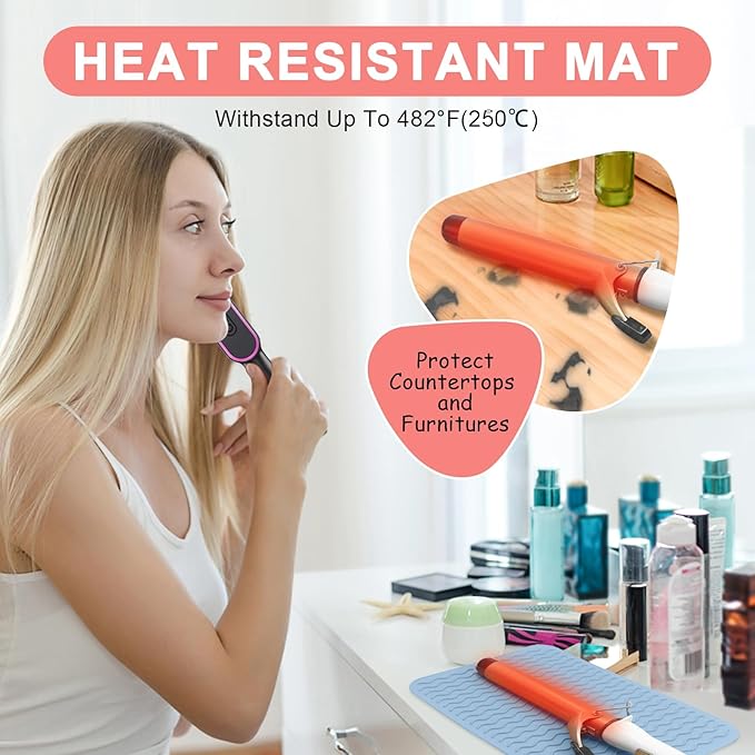 Plus Size Silicone Heat Resistant Mat, Portable Travel Hot Tools Pad Cover for Curling Iron, Flat Iron, Hair Straightener and Other Hair Styling Tools(12.0" x 9.0")