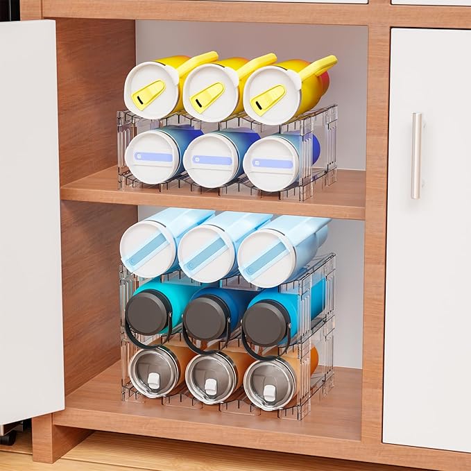 Yieach Stackable Water Bottle Organizer for Cabinet Yeti or Stanley Storage Organizers - Larger Compartment for 40 oz Stanley Cup Holder and Other Tumbler Organizers,Waterbottle Rack for Pantry,3 Tier