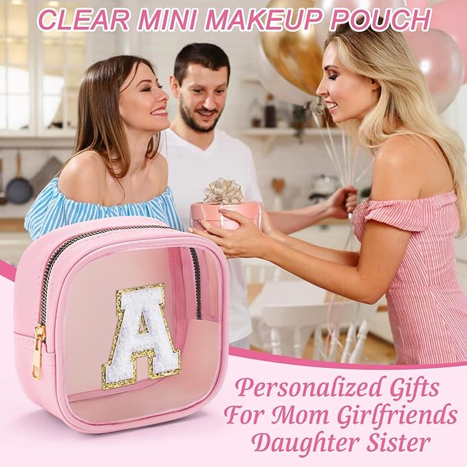 YOOLIFE Mini Initial Makeup Bag | Travel Toiletry Bag | Clear Makeup Bag | Travel Essentials Gifts for Women Teen Girlfriend Teacher Birthday Gifts | Clear Toiletry Bag Small Mini Cosmetic Bag Pink L