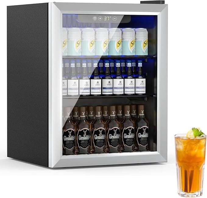 70 Can Freestanding Beverage Refrigerator, 1.7 Cu.Ft Mini Fridge with Glass Front Door and Digital Display, Small Refrigerator with Adjustable Shelves for Soda, Beer or Wine