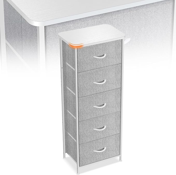 Curved Profile Dresser for Bedroom，5 Fabric Drawer Dresser with Waterproof Wood Top Chest of Drawers for Hallway, Living Room, Kid Room (White)