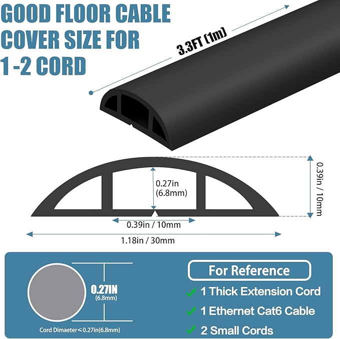 Floor Cord Covers for Wires 3.3FT Cable Hider Wire Cover Self Adhesive Cord Hider Floor for Offices, Homes, Workshops, Warehouses Cable Cavity 0.39" W x 0.27" H