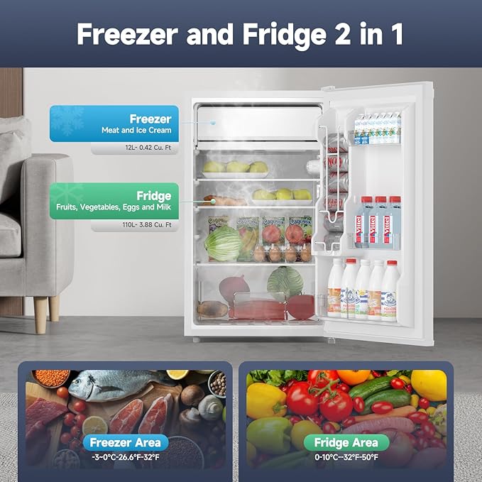4.3 Cu.Ft Mini Fridge with Freezer, Single Door Refrigerator with Adjustable Thermostat, Mini Compact Fridge for Bedroom, Office, Dorm, RV