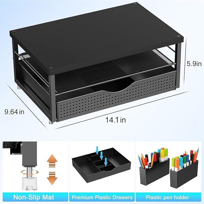 gianotter Wood Monitor Stand Riser, Office Desk Shelf Organizer, Desk Organizer with Drawer and Pen Holder, 2-Tier Computer Stand, Office Organization (Ink)
