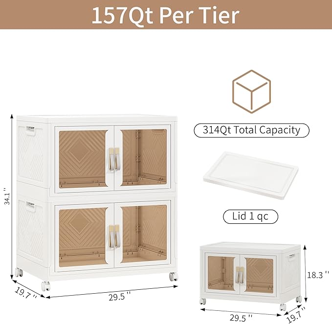 Large Clear Stackable Storage Bins with Lids, Foldable Storage Cabinet for Closet Organizers and Storage, Plastic Storage Box with Wheels 314 QT