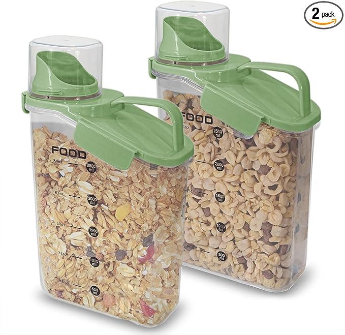Two Pack Food & Cereal Storage Container - 2.6L Airtight Plastic Kitchen Organizer Bin with Pouring Spout, Measuring Cup Lid, Ideal for Dry Food, Rice, Sugar, Pet Food dispenser - BPA free (Green)