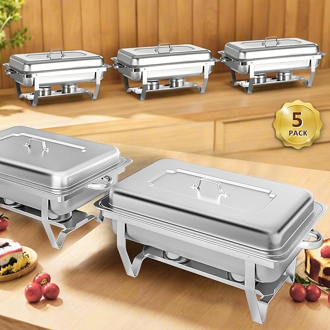 8 Qt 5 Pack Full Size Chafing Dishes Buffet Set, Silver Stainless Steel Rectangular Catering Chafer Warmer Set with Trays Pan Lid Folding Frame Stand for Kitchen Party Banquet Dining